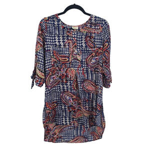 Anthropologie Fig & Flower Medium Blouse High Low Paisley Print Tie Sleeve Tunic